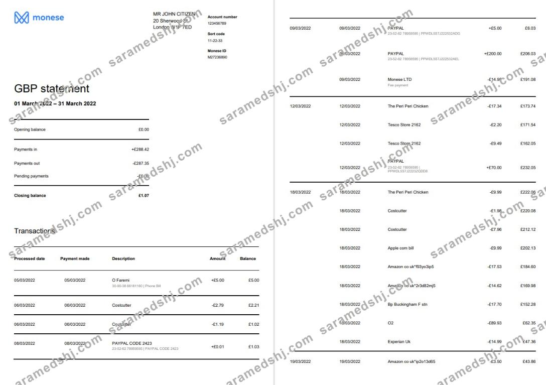 United Kingdom Monese bank statement Word and PDF template, 3 pages